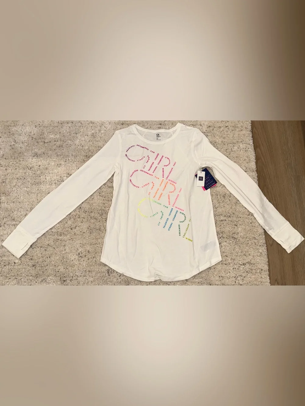 NWT GapFit Girls XXL (14-16) White Rainbow Graphic Long Sleeve Performance Shirt